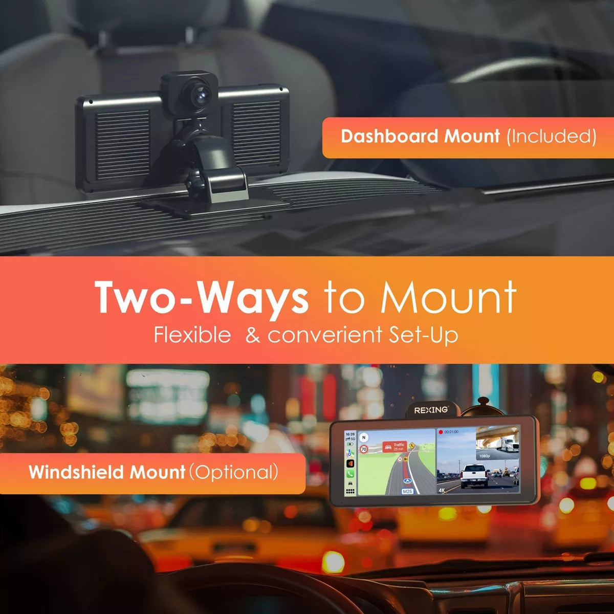 Rexing Wireless Apple Carplay & Android Auto Display with 4K Dash Cam: Vehicle Electronics Accessory