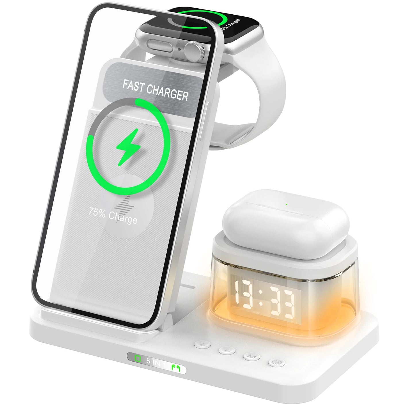 5 in 1 Wireless Charger Stand LED Light Alarm Clock Foldable Fast Charging Station Dock for Iphone 15 14 13 Apple Watch Airpods