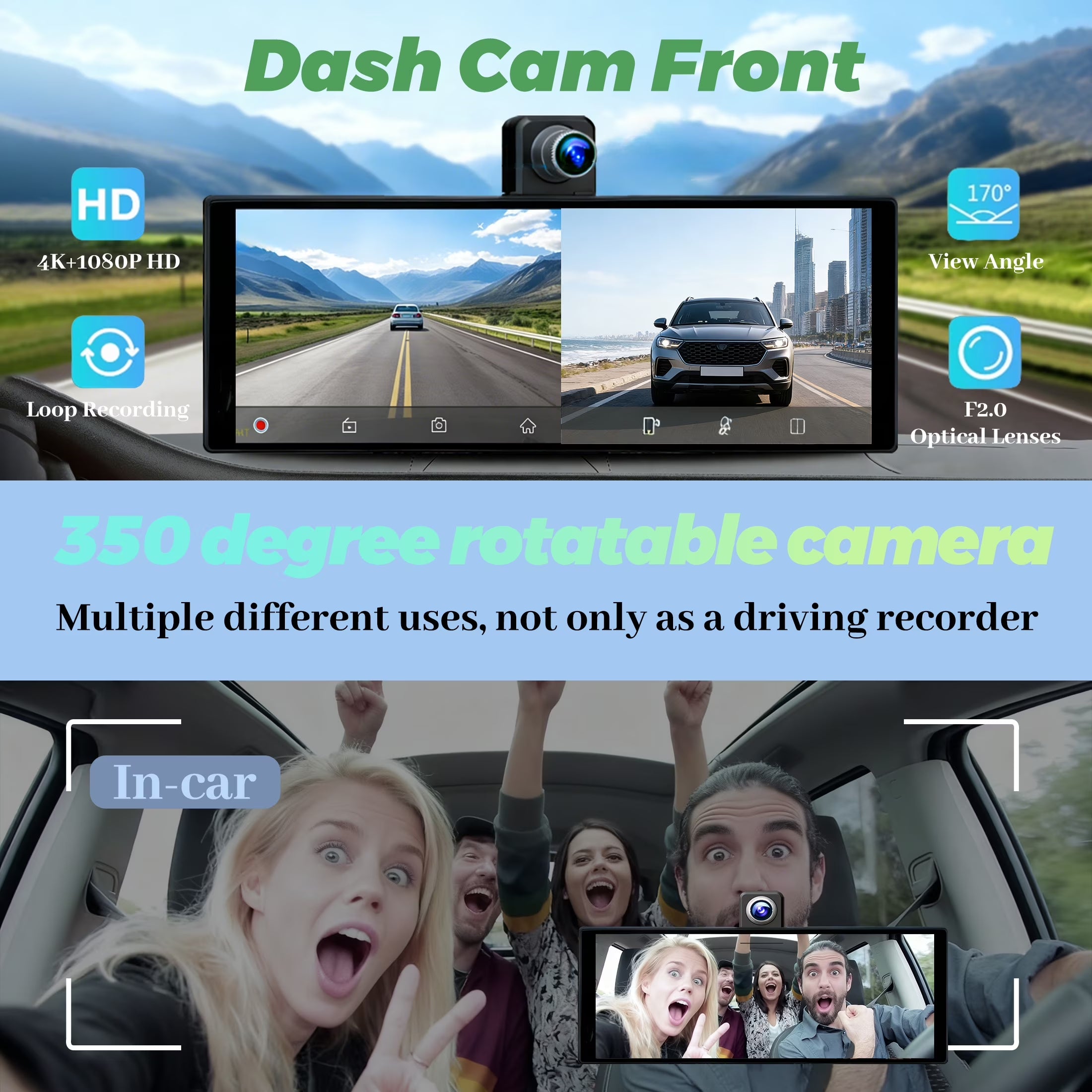 10.26" Portable Wireless Carplay Screen for Car, Android Auto Display with 1080P Backup Camera, GPS, Bluetooth Touchscreen
