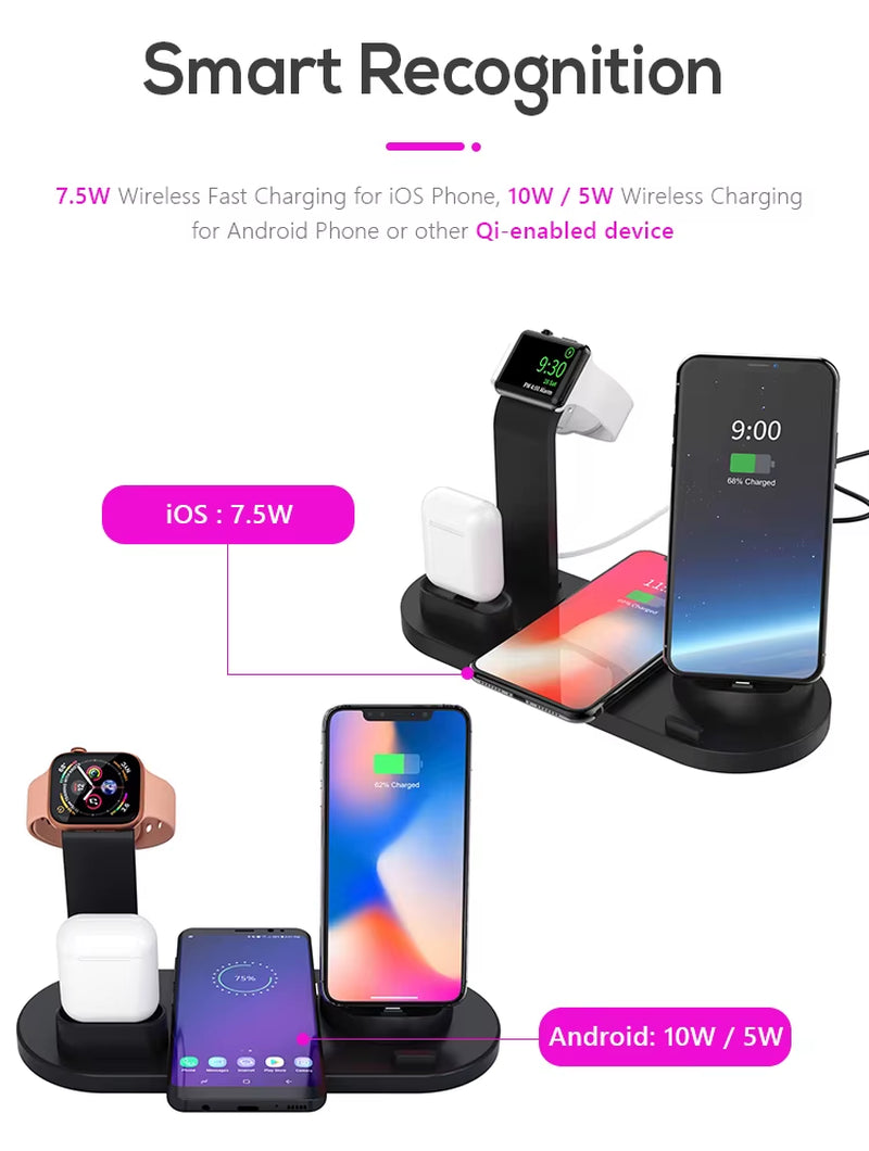 Tabletop QI 15W 4 6 in 1 Multi Function Wireless Charging Bracket Dock Station Induction Charger for Iphone Android Samsung