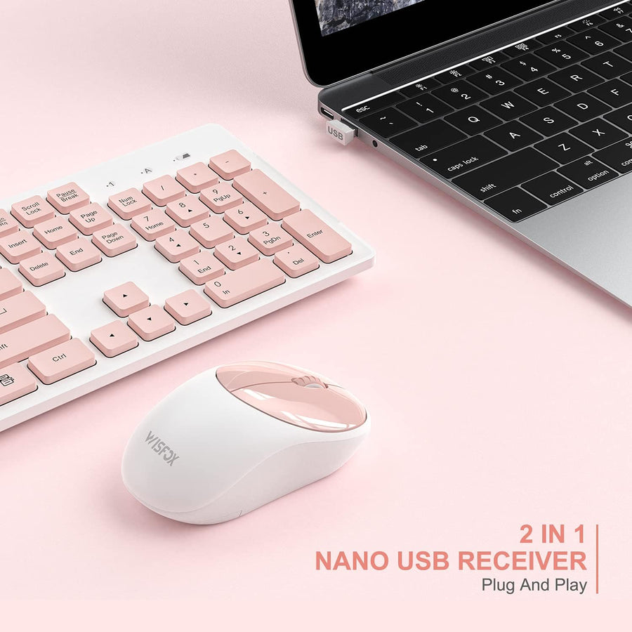 Wireless Keyboard Mouse Combo Pink Silent 24GHz USB Receiver