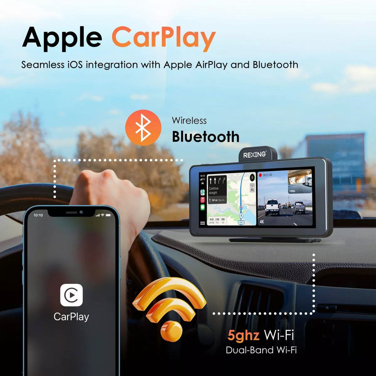 Rexing Wireless Apple Carplay & Android Auto Display with 4K Dash Cam: Vehicle Electronics Accessory