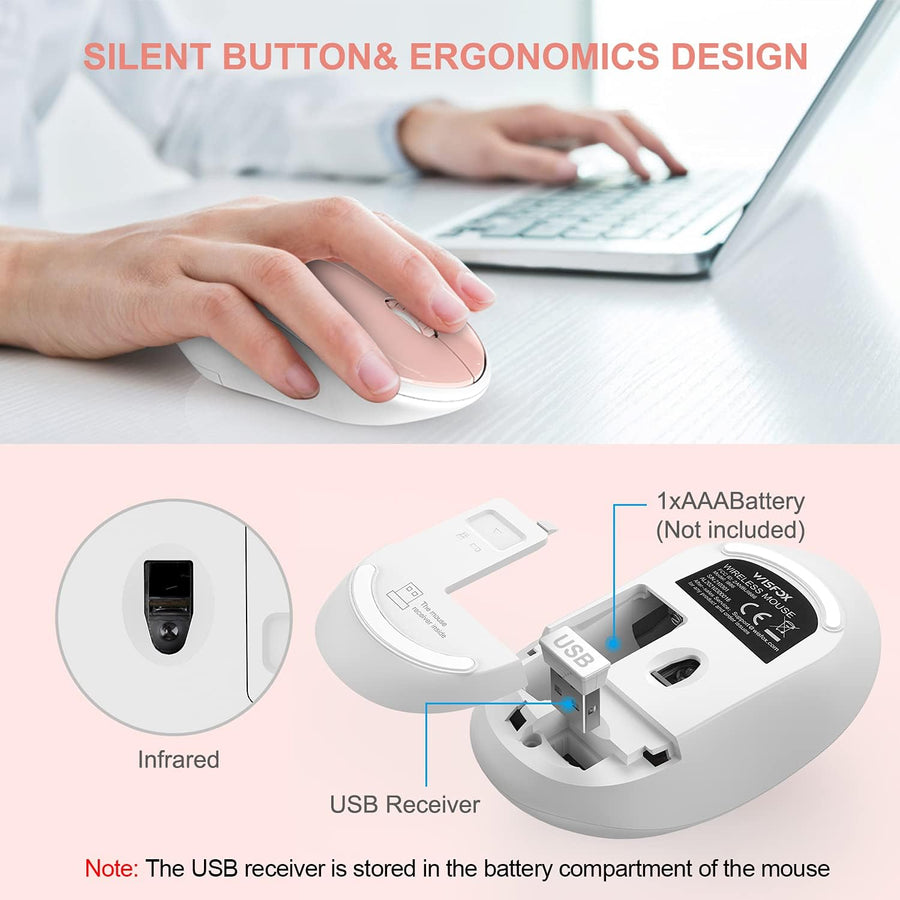 Wireless Keyboard Mouse Combo Pink Silent 24GHz USB Receiver