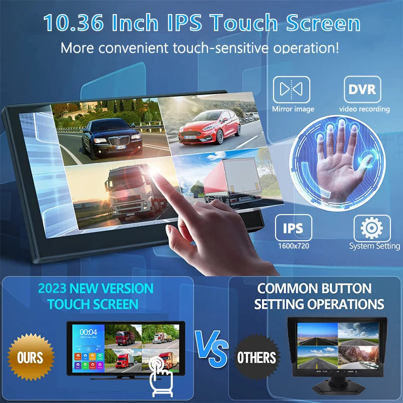 10.36 Inch 4 Channels Vehicle DVR Recorder System 1080P AHD Backup Cameras MP5 Bluetooth FM Touch Monitor for Truck Bus Trailer