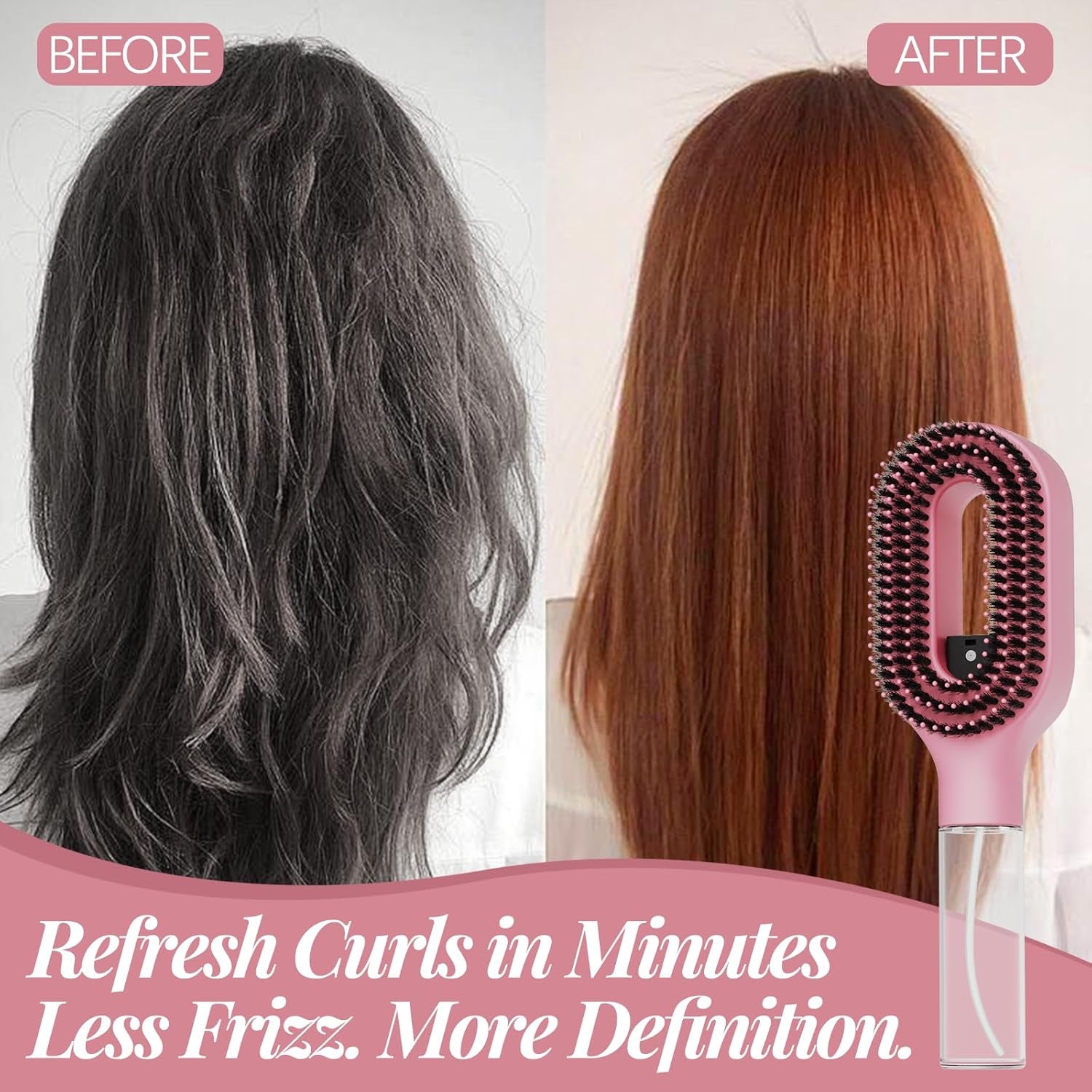 Curl Refresh Detangling Brush & Fine Mist Spray - Anti-Breakage & Frizz Control for Curly Hair - Perfect for Wet or Dry Styling - Travel Friendly (Pink)