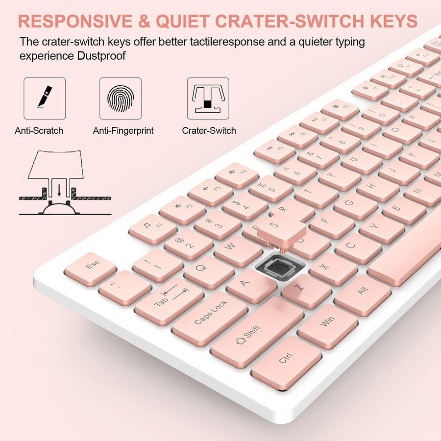 Wireless Keyboard Mouse Combo Pink Silent 24GHz USB Receiver