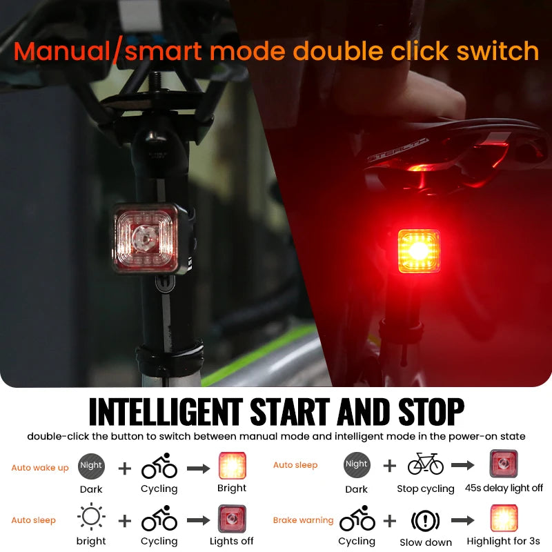 WT06 Smart Bicycle Brake Light Tail Rearlight 120 Lumen IP66 Waterproof Headlight and Tail Light Sets 5 Gear Mode USB Charge