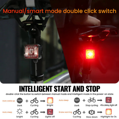 WT06 Smart Bicycle Brake Light Tail Rearlight 120 Lumen IP66 Waterproof Headlight and Tail Light Sets 5 Gear Mode USB Charge