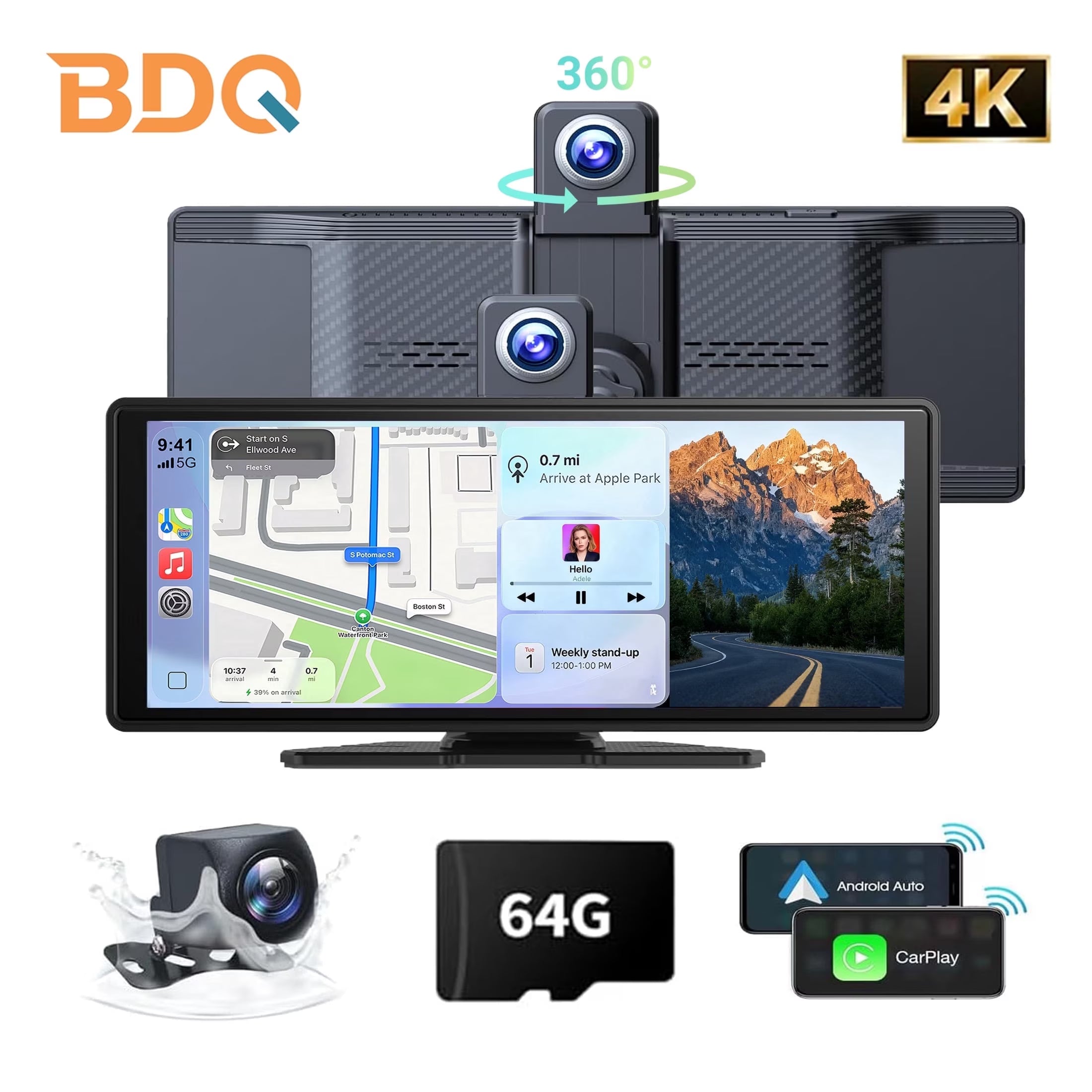 10.26" Portable Wireless Carplay Screen for Car, Android Auto Display with 1080P Backup Camera, GPS, Bluetooth Touchscreen