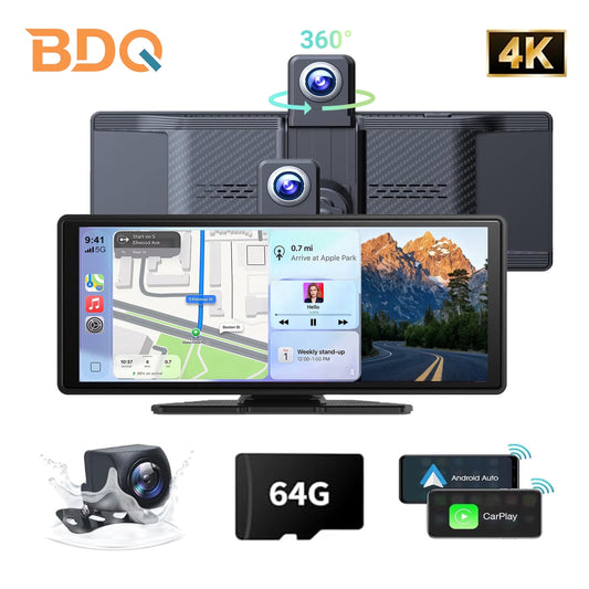10.26" Portable Wireless Carplay Screen for Car, Android Auto Display with 1080P Backup Camera, GPS, Bluetooth Touchscreen