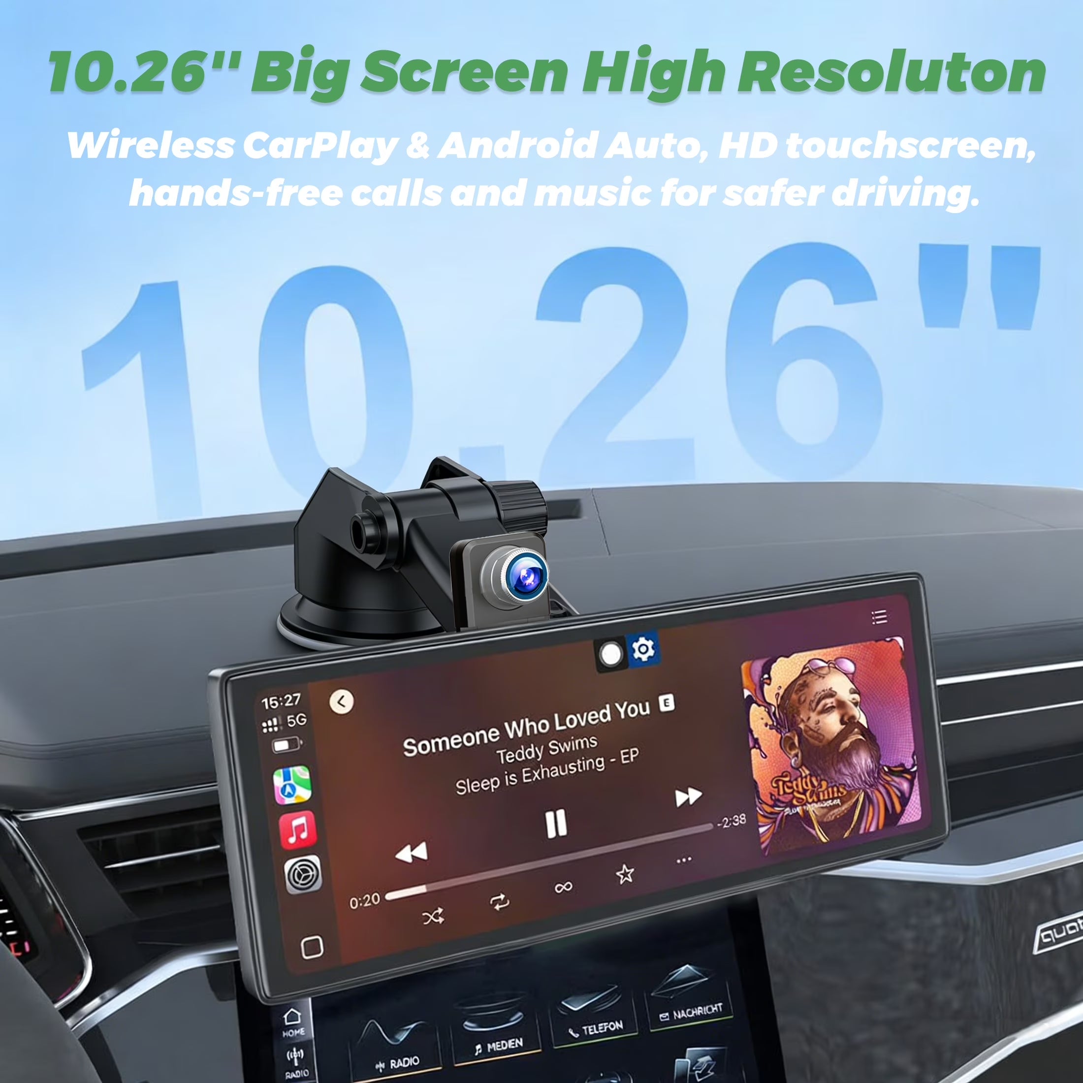10.26" Portable Wireless Carplay Screen for Car, Android Auto Display with 1080P Backup Camera, GPS, Bluetooth Touchscreen