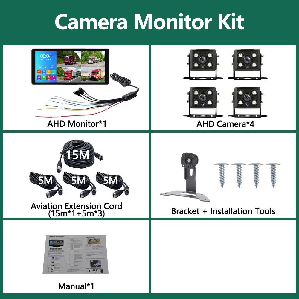 10.36 Inch 4 Channels Vehicle DVR Recorder System 1080P AHD Backup Cameras MP5 Bluetooth FM Touch Monitor for Truck Bus Trailer