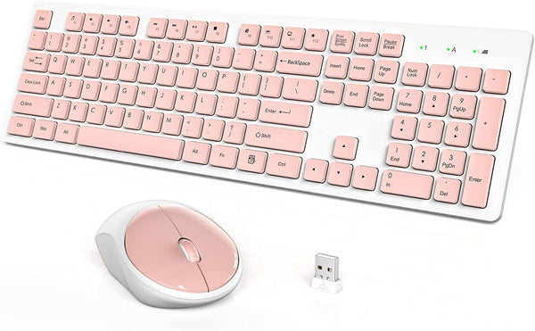 Wireless Keyboard Mouse Combo Pink Silent 24GHz USB Receiver