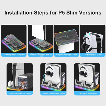 Charging Dock Vertical Cooling Stand Compatible with PS5/PS5 Slim Console for PS5 Controller Dual Charging Cooling Stand with Hook for Headphones， Essential Cooler for PS5 Consoles for a Better Gaming Experience
