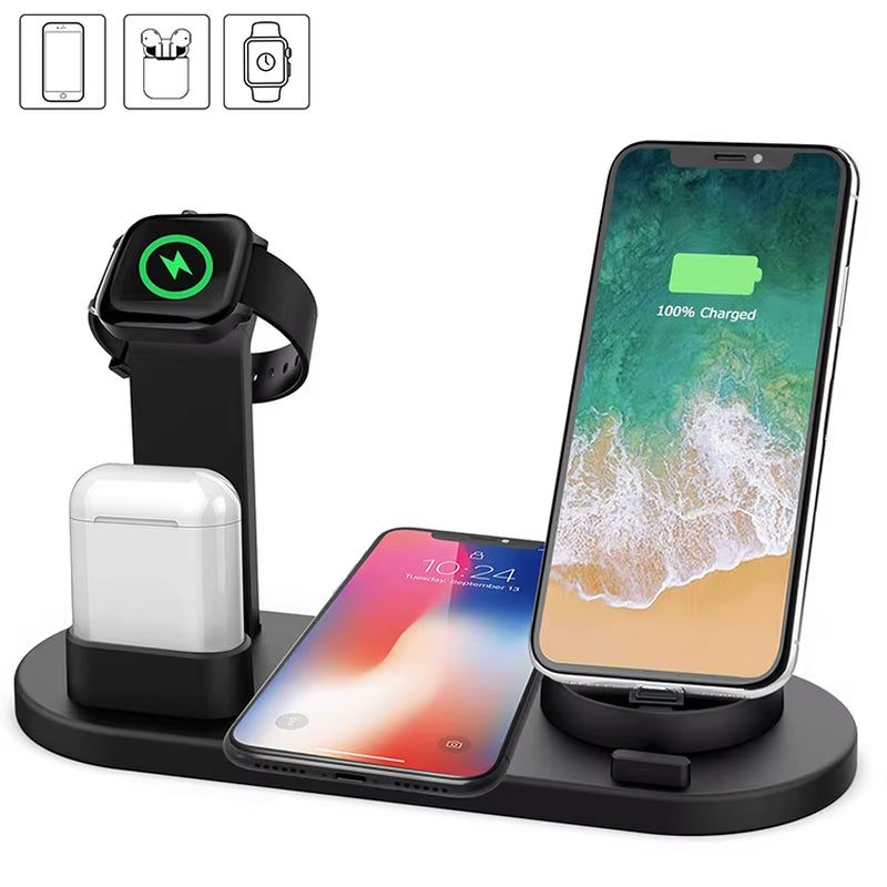 Tabletop QI 15W 4 6 in 1 Multi Function Wireless Charging Bracket Dock Station Induction Charger for Iphone Android Samsung