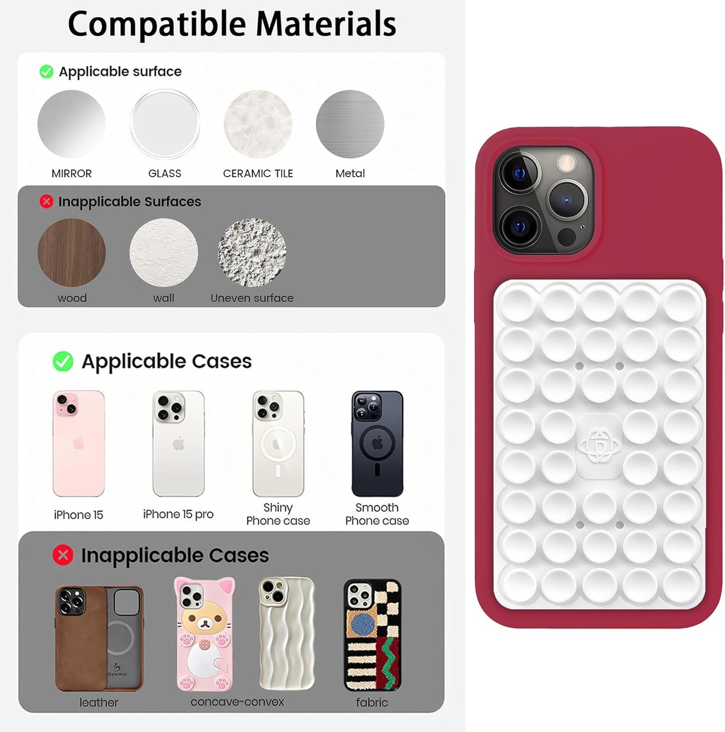 Silicone Double-Sided Suction Phone Case Detachable Mount, Car Dashboard Phone Holder, Fidget Sticky Grip Phone Accessories, Hands-Free Trending Stuff Stand for Asmr/Tiktok/Gym/Cooking Creator(White)