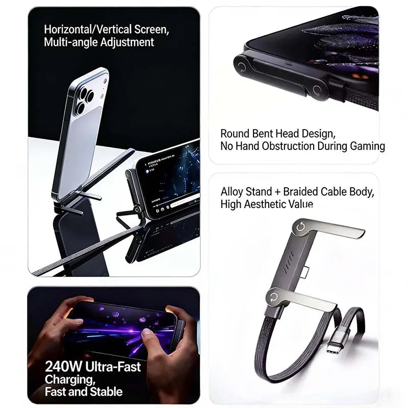 Invisible Holder Charger Cable with Stand, 240W Super Fast Charging 2-In-1 Fast Charging Cord & Phone Stand for Gaming, Office, Car Travel, Compatible with Type-C Charging Cable Black