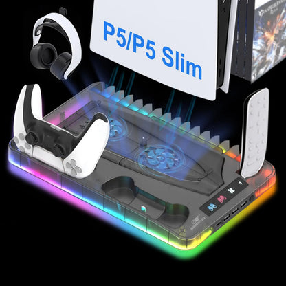 Charging Dock Vertical Cooling Stand Compatible with PS5/PS5 Slim Console for PS5 Controller Dual Charging Cooling Stand with Hook for Headphones， Essential Cooler for PS5 Consoles for a Better Gaming Experience