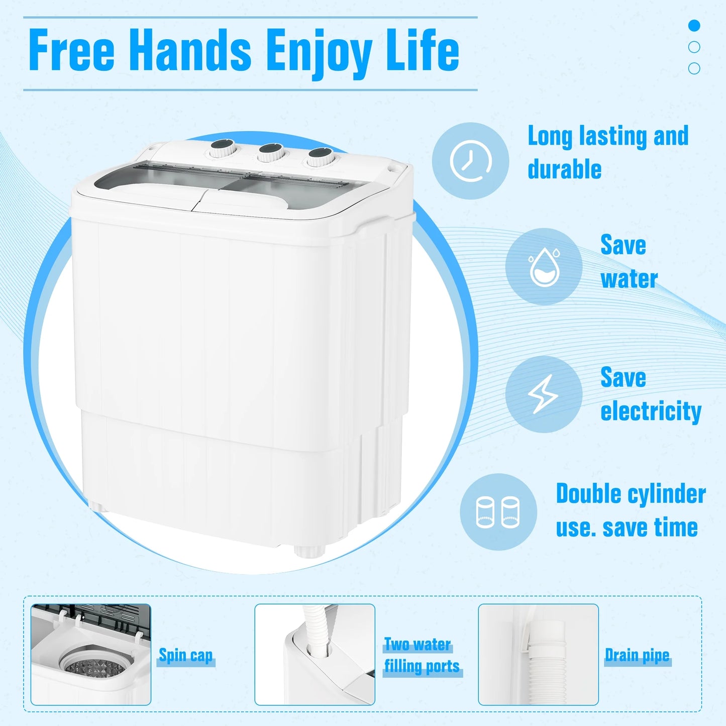 16Lbs Portable Twin Tub Washer with Spin Dryer Washing Machine , Mini Compact Laundry Washer Machine with Drain Pump, Semi-Automatic Washer Combo, Apartments（Grey)