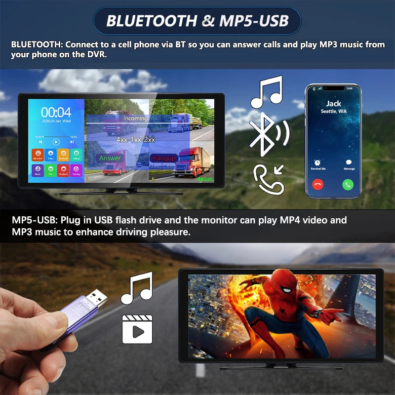 10.36 Inch 4 Channels Vehicle DVR Recorder System 1080P AHD Backup Cameras MP5 Bluetooth FM Touch Monitor for Truck Bus Trailer