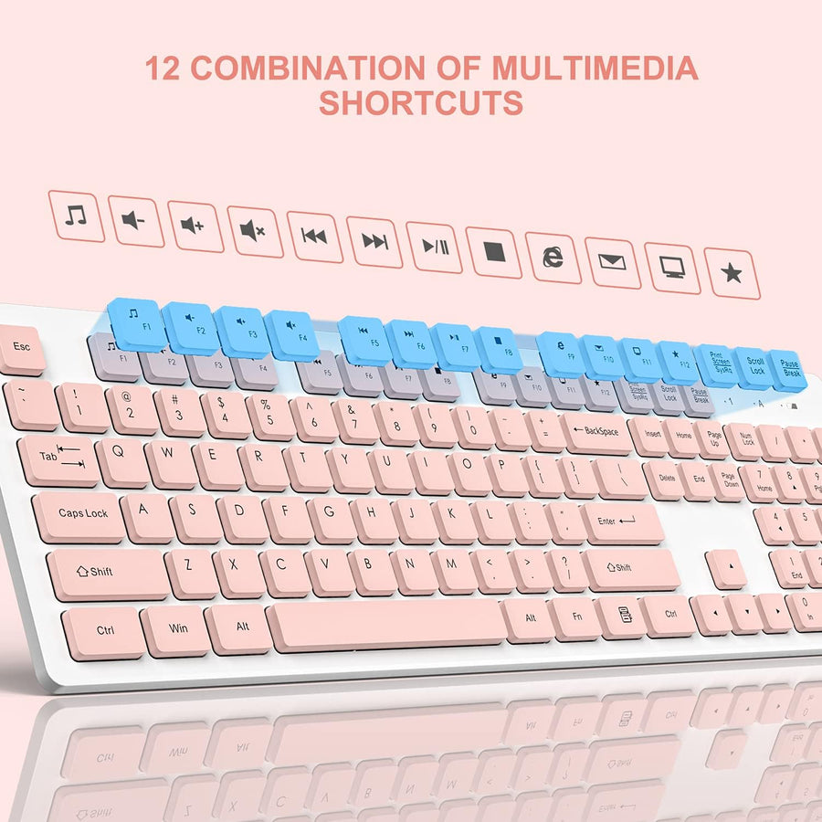 Wireless Keyboard Mouse Combo Pink Silent 24GHz USB Receiver