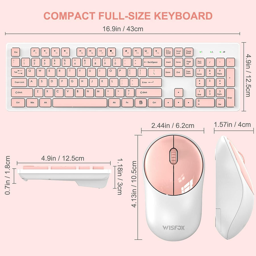 Wireless Keyboard Mouse Combo Pink Silent 24GHz USB Receiver