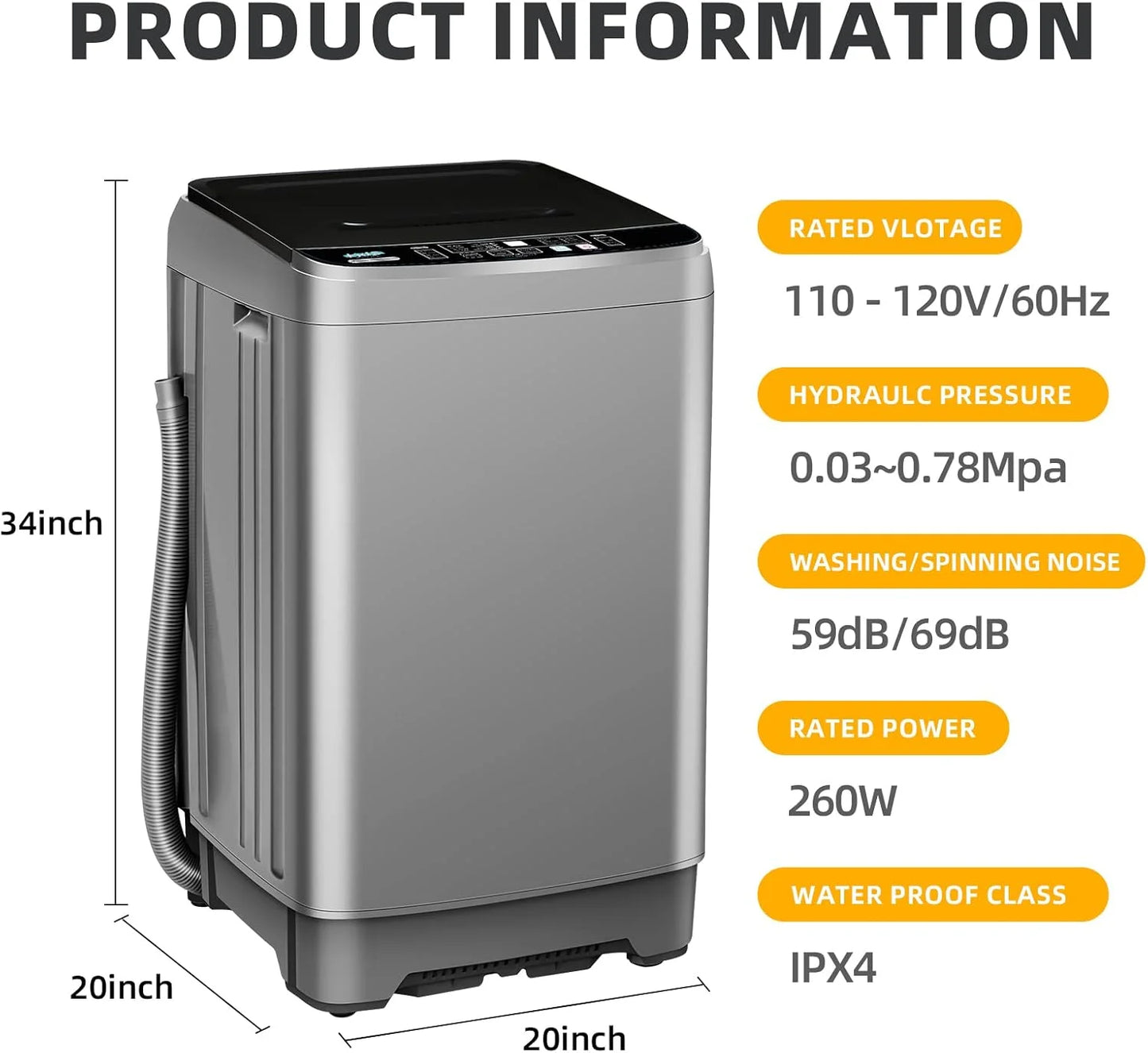 Portable Washing Machine 17.8 Lbs Full-Automatic Compact Washer Machine for Apartment, 10 Wash Program Small Portable Washer for Dorm, Apartment, Home, Grey