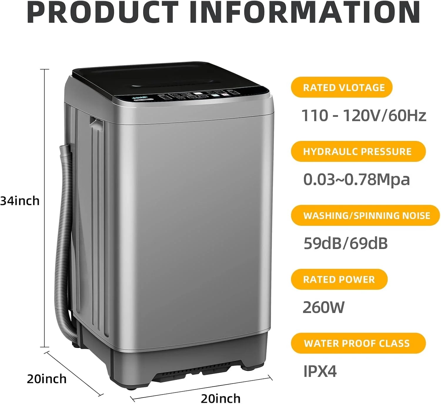 Portable Washing Machine 17.8 Lbs Full-Automatic Compact Washer Machine for Apartment, 10 Wash Program Small Portable Washer for Dorm, Apartment, Home, Grey
