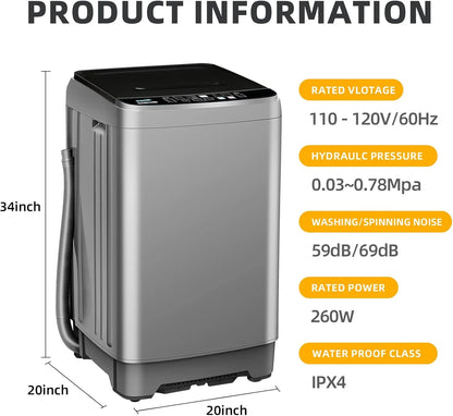 Portable Washing Machine 17.8 Lbs Full-Automatic Compact Washer Machine for Apartment, 10 Wash Program Small Portable Washer for Dorm, Apartment, Home, Grey