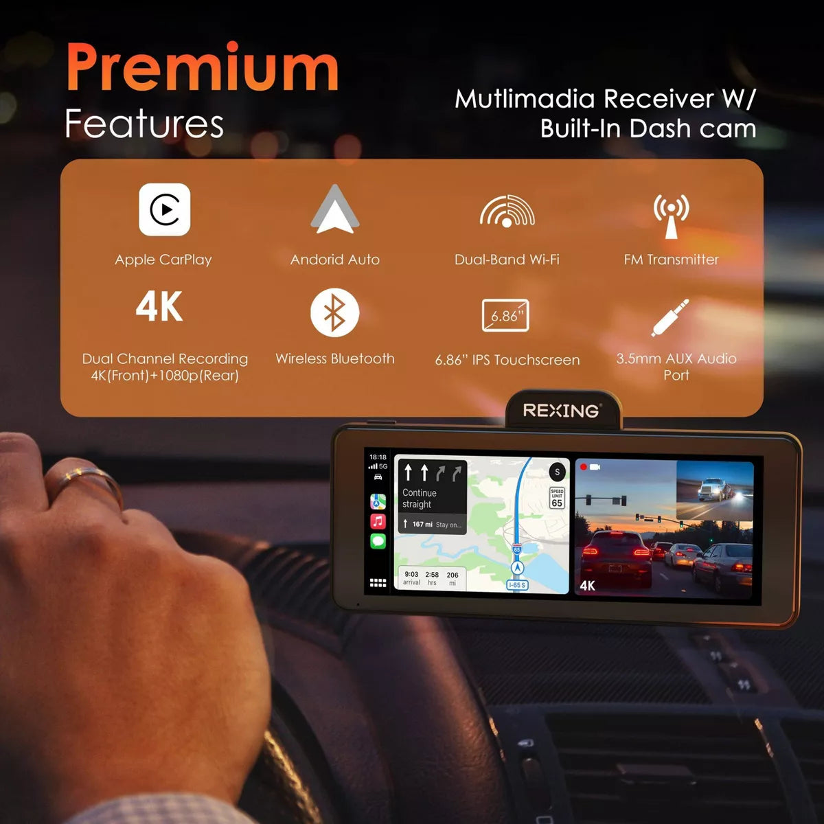 Rexing Wireless Apple Carplay & Android Auto Display with 4K Dash Cam: Vehicle Electronics Accessory