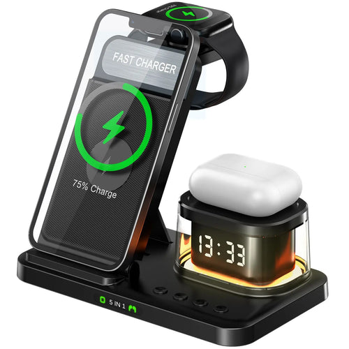 5-in-1 Wireless Charging Station with LED Alarm Clock