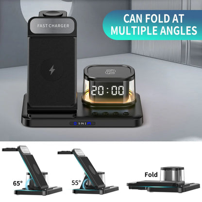 5 in 1 Wireless Charger Stand LED Light Alarm Clock Foldable Fast Charging Station Dock for Iphone 15 14 13 Apple Watch Airpods