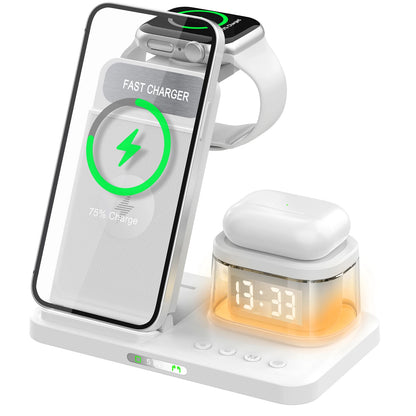 5 in 1 Wireless Charger Stand LED Light Alarm Clock Foldable Fast Charging Station Dock for Iphone 15 14 13 Apple Watch Airpods