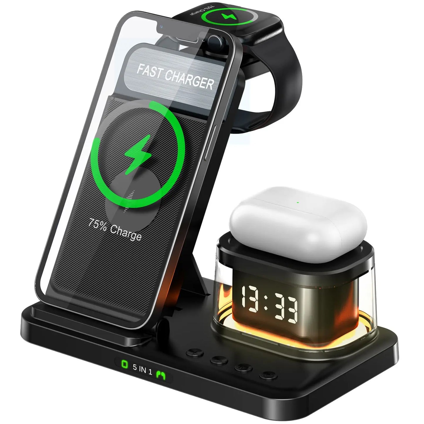 5 in 1 Wireless Charger Stand LED Light Alarm Clock Foldable Fast Charging Station Dock for Iphone 15 14 13 Apple Watch Airpods