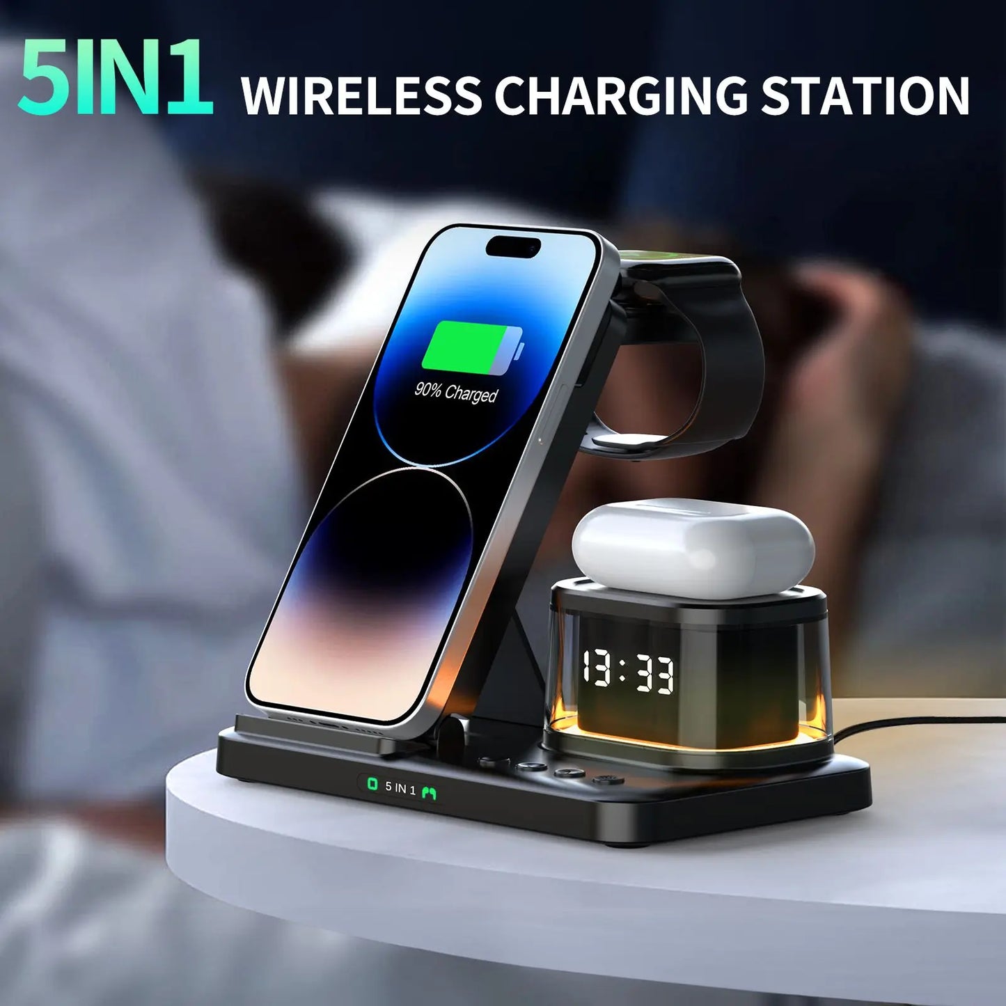 5 in 1 Wireless Charger Stand LED Light Alarm Clock Foldable Fast Charging Station Dock for Iphone 15 14 13 Apple Watch Airpods