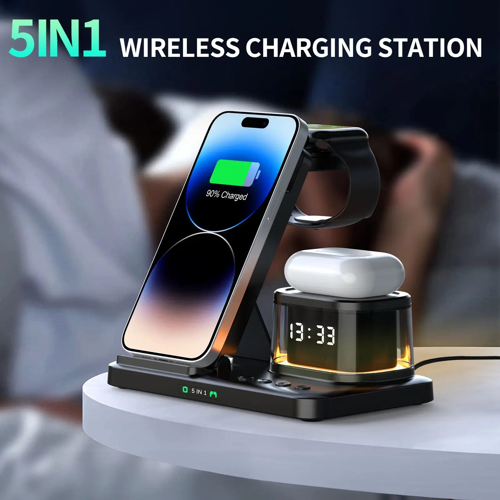 5 in 1 Wireless Charger Stand LED Light Alarm Clock Foldable Fast Charging Station Dock for Iphone 15 14 13 Apple Watch Airpods