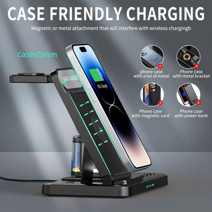 5 in 1 Wireless Charger Stand LED Light Alarm Clock Foldable Fast Charging Station Dock for Iphone 15 14 13 Apple Watch Airpods