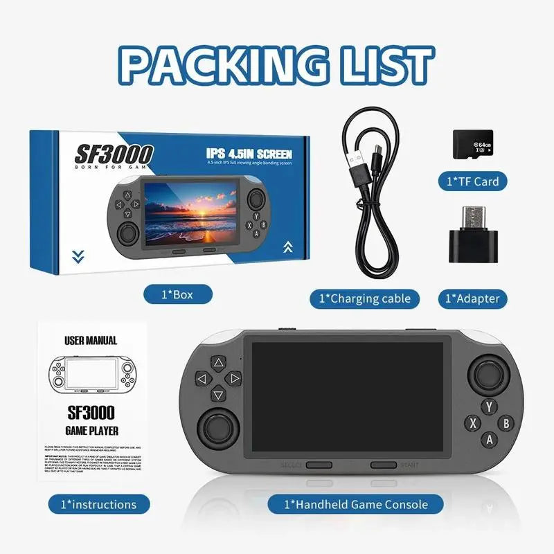 SF3000 Retro Handheld Game Console 4.5 Inch IPS Screen 3000Mah Battery 14 Emulators 20000+ Games Portable Gaming System for Boy Gift - Compact Card Controller Multi-Emulator Support Built-In Memory