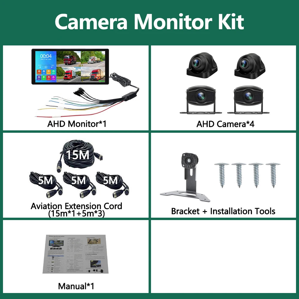 10.36 Inch 4 Channels Vehicle DVR Recorder System 1080P AHD Backup Cameras MP5 Bluetooth FM Touch Monitor for Truck Bus Trailer