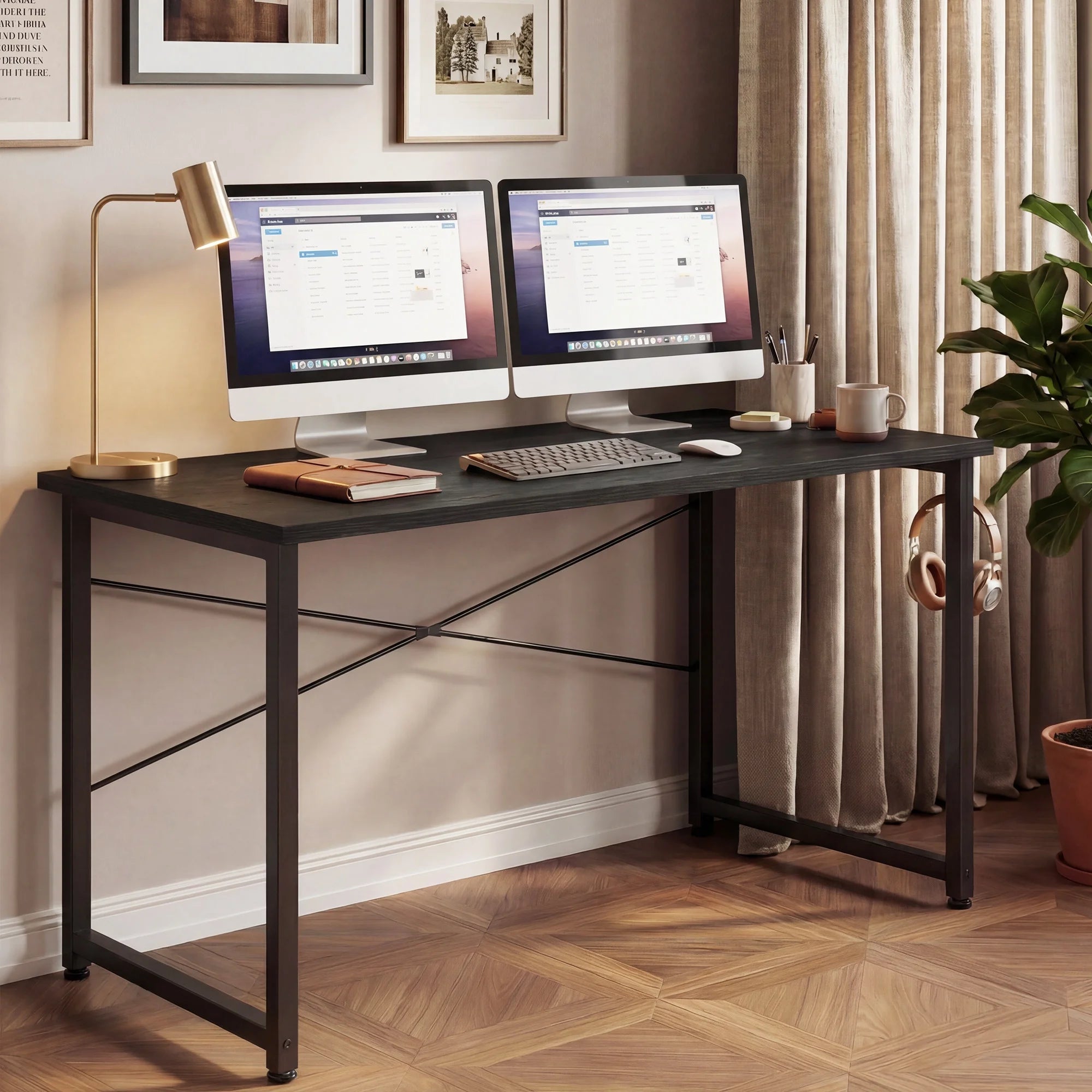 48 Inch Computer Desk, Home Office Writing Desk for Small Space, Modern Study Desk with Headphone Hook, Black