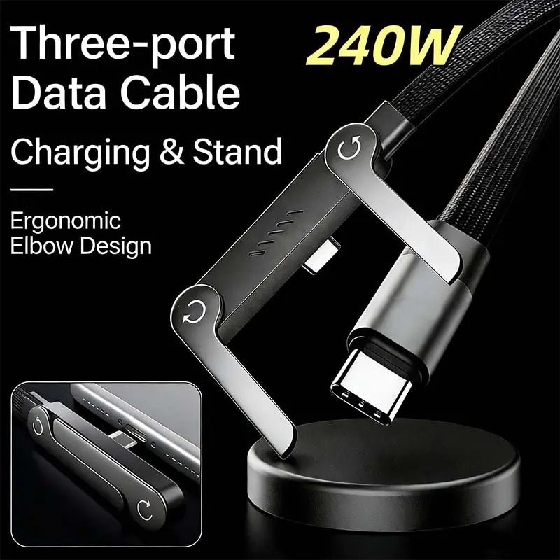 Invisible Holder Charger Cable with Stand, 240W Super Fast Charging 2-In-1 Fast Charging Cord & Phone Stand for Gaming, Office, Car Travel, Compatible with Type-C Charging Cable Black
