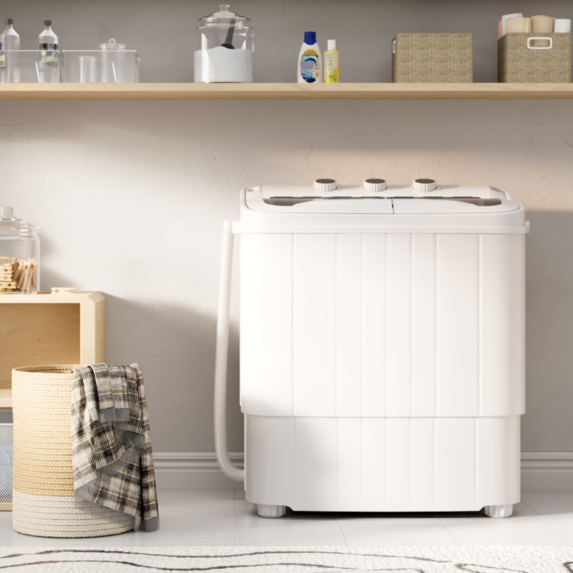 16Lbs Portable Twin Tub Washer with Spin Dryer Washing Machine , Mini Compact Laundry Washer Machine with Drain Pump, Semi-Automatic Washer Combo, Apartments（Grey)