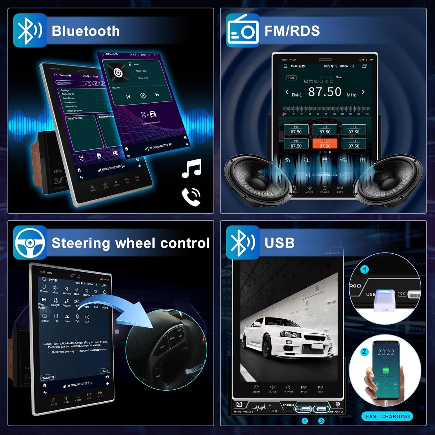 2G+32G Android 13 Double Din Car Stereo Car Radio with Bluetooth, GPS Navigation Wifi, 9.5'' Vertical Touchscreen FM Ios/Android Mirror Link USB Split Screen + Backup Camera