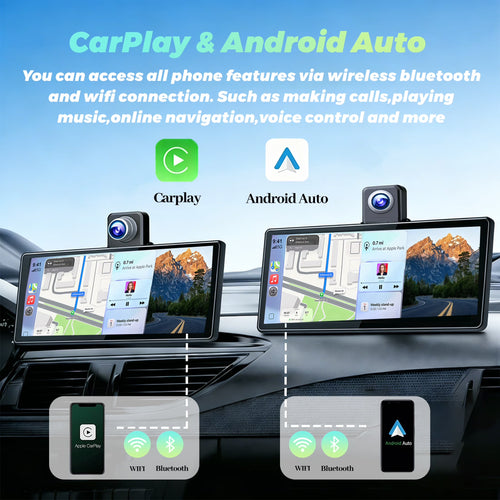 10.26" Portable Wireless Carplay Screen for Car, Android Auto Display with 1080P Backup Camera, GPS, Bluetooth Touchscreen