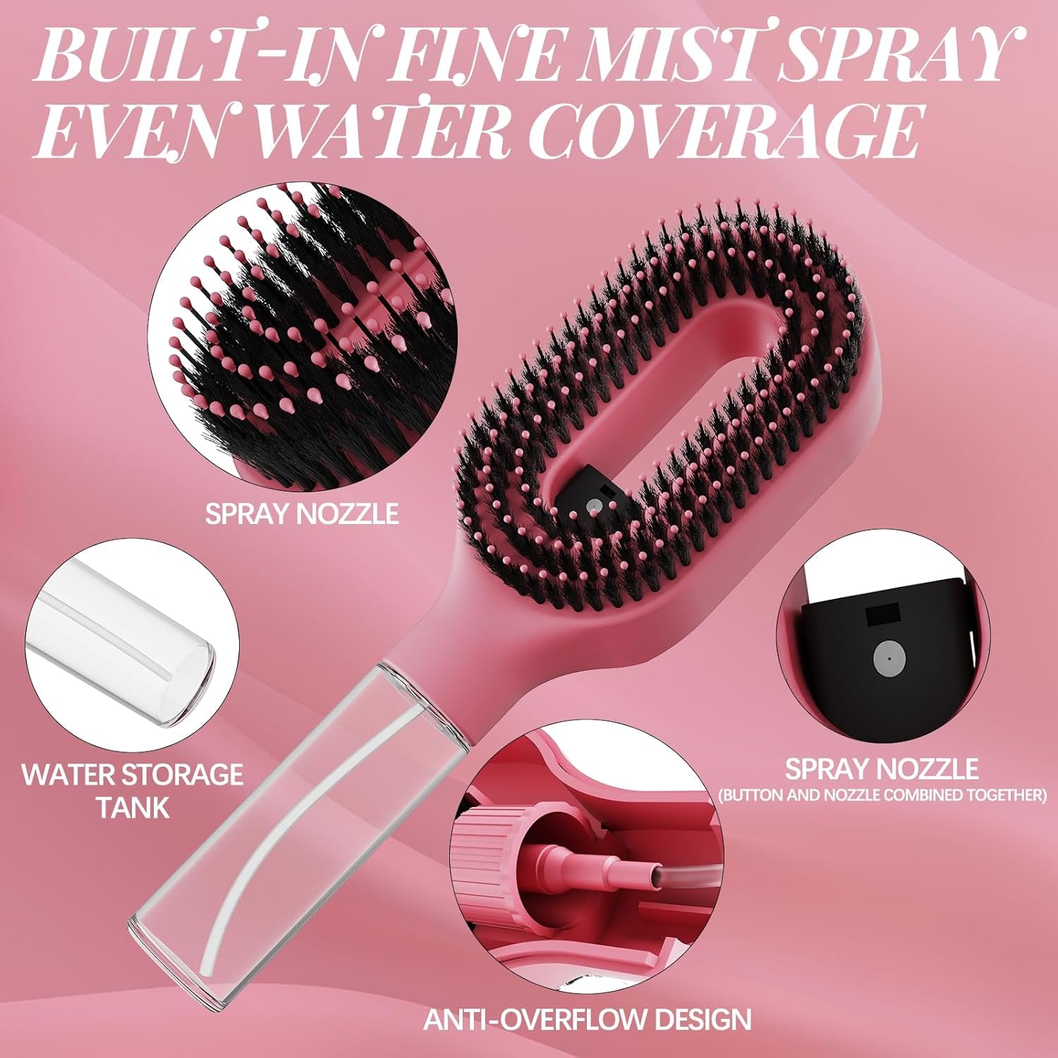 Curl Refresh Detangling Brush & Fine Mist Spray - Anti-Breakage & Frizz Control for Curly Hair - Perfect for Wet or Dry Styling - Travel Friendly (Pink)