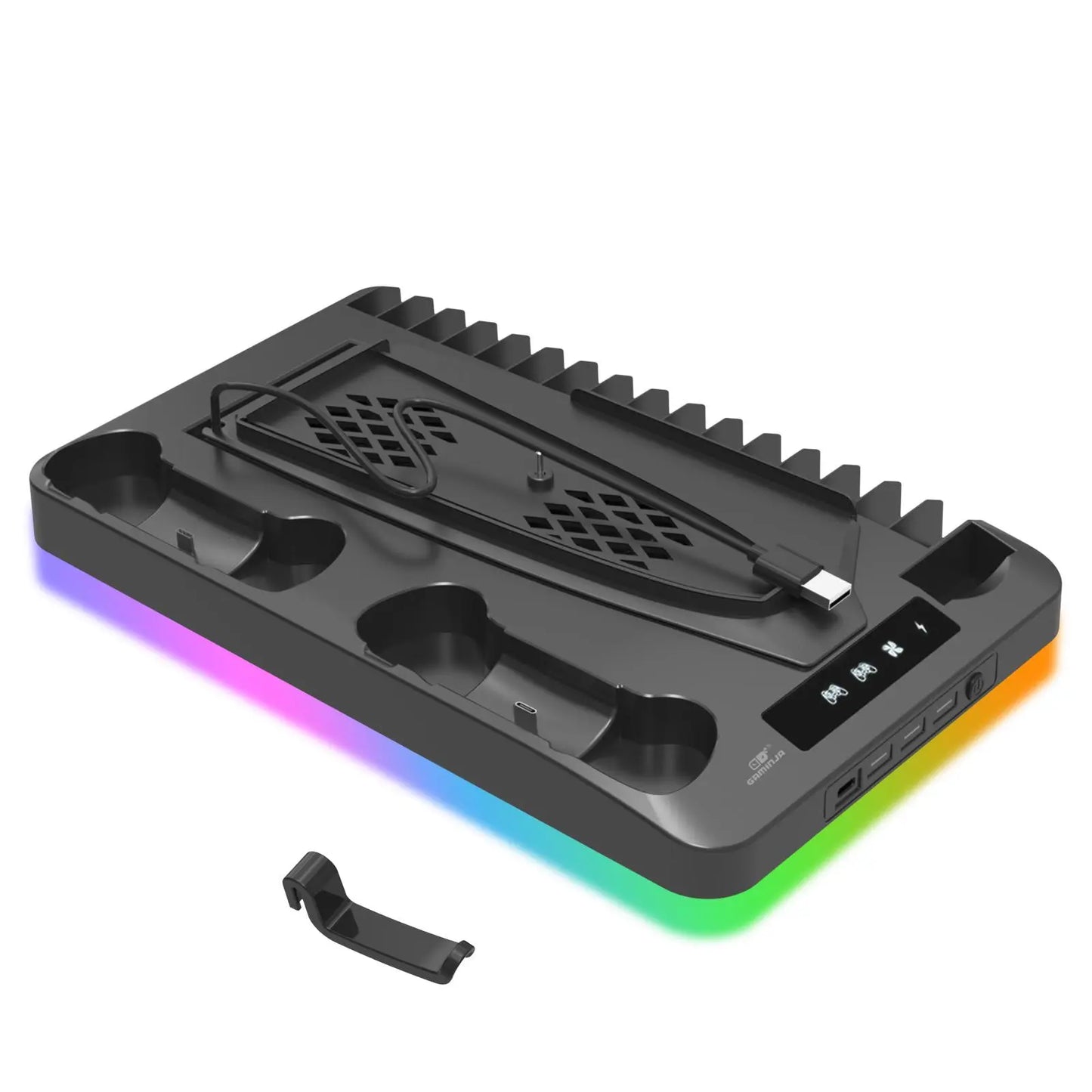 Charging Dock Vertical Cooling Stand Compatible with PS5/PS5 Slim Console for PS5 Controller Dual Charging Cooling Stand with Hook for Headphones， Essential Cooler for PS5 Consoles for a Better Gaming Experience