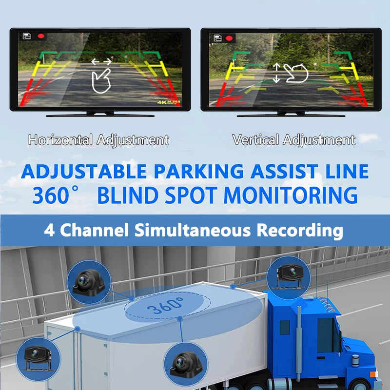 10.36 Inch 4 Channels Vehicle DVR Recorder System 1080P AHD Backup Cameras MP5 Bluetooth FM Touch Monitor for Truck Bus Trailer