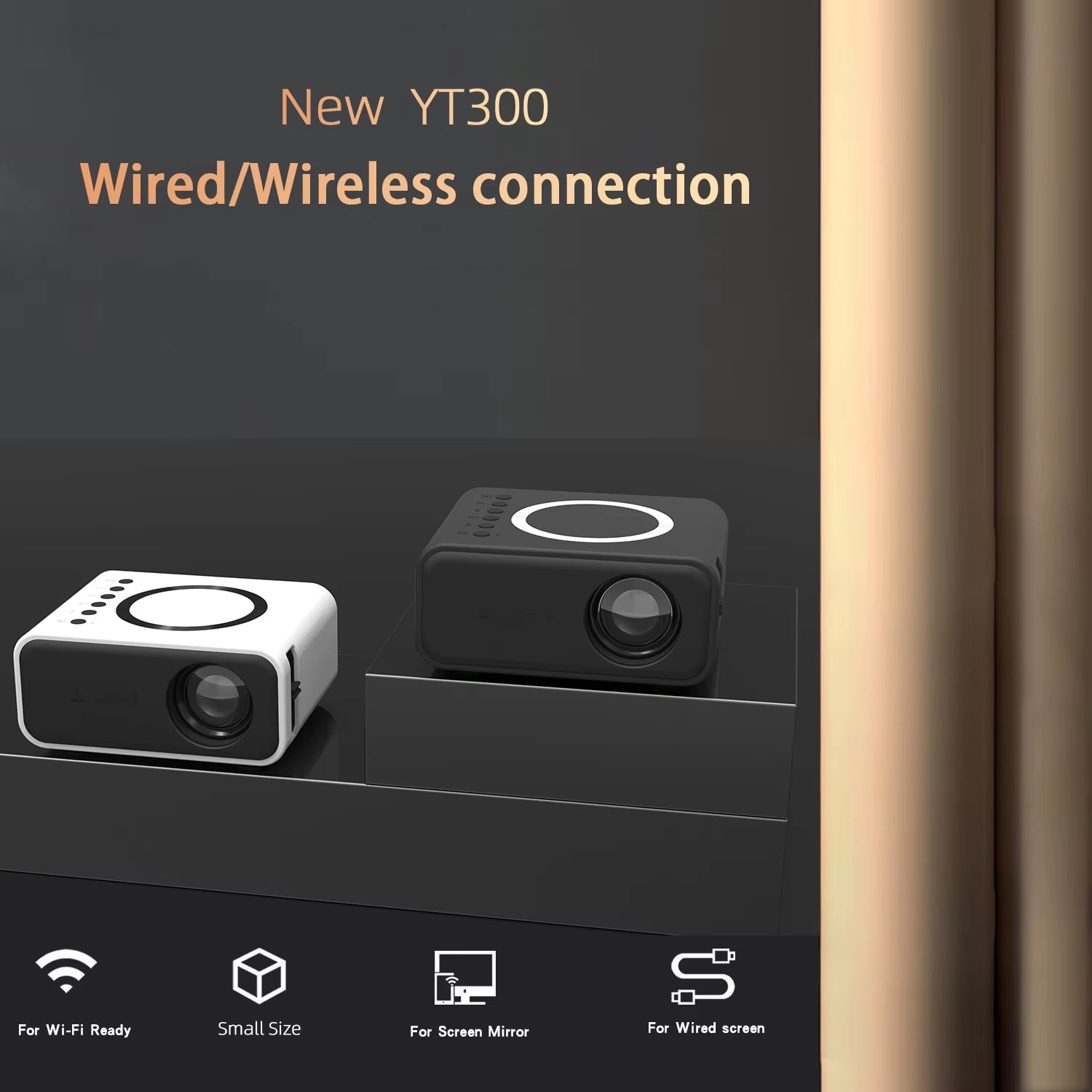 YT300 Mini Projector for Commercial Office, Home Cinema, Portable, Intelligent Outdoor, LED Full HD, Portable and Mobile Project