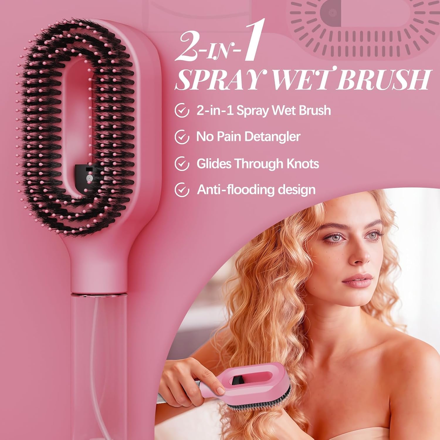 Curl Refresh Detangling Brush & Fine Mist Spray - Anti-Breakage & Frizz Control for Curly Hair - Perfect for Wet or Dry Styling - Travel Friendly (Pink)
