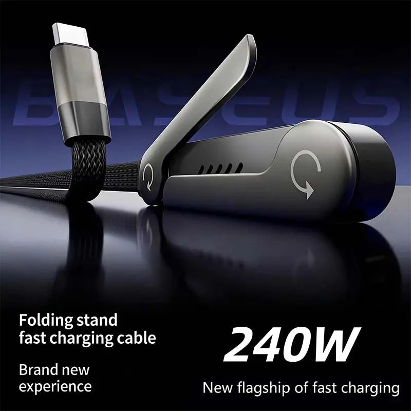 Invisible Holder Charger Cable with Stand, 240W Super Fast Charging 2-In-1 Fast Charging Cord & Phone Stand for Gaming, Office, Car Travel, Compatible with Type-C Charging Cable Black